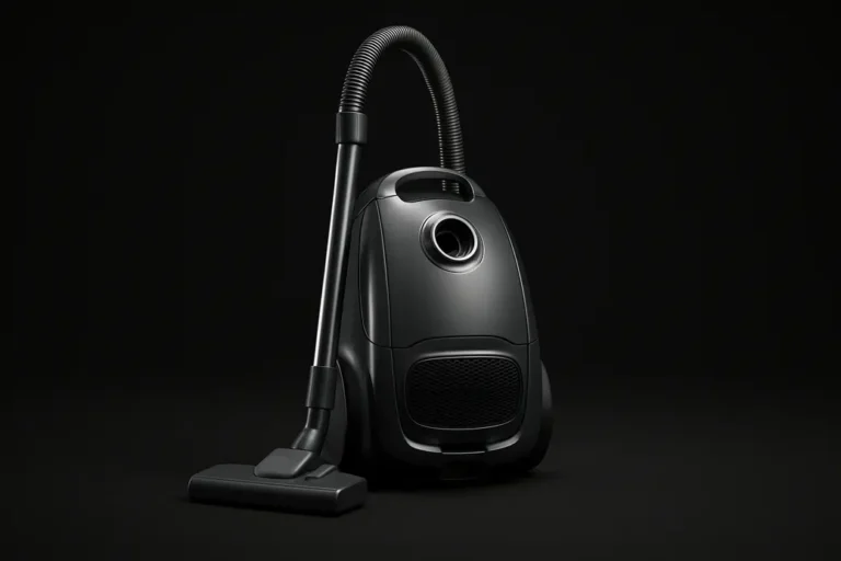 A clean, complete vacuum cleaner centered on a black background with soft, even lighting highlighting its sleek design and professional finish.