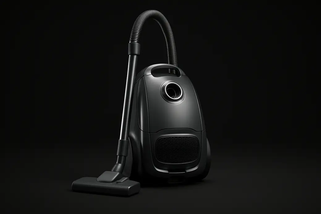 A clean, complete vacuum cleaner centered on a black background with soft, even lighting highlighting its sleek design and professional finish.