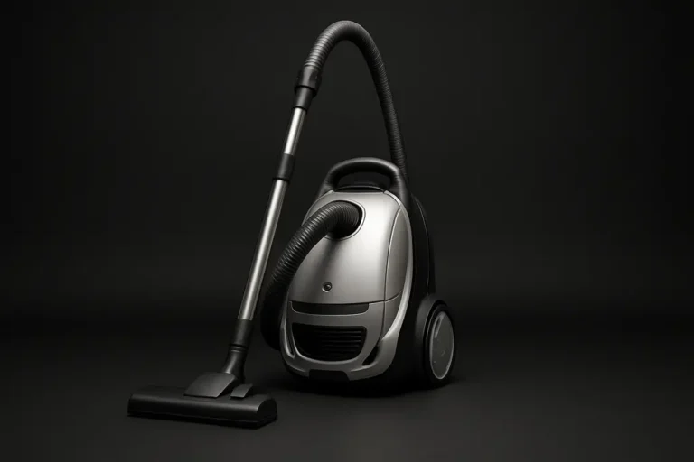 High-quality product photo of a complete vacuum cleaner centered against a solid black background with even spotlighting emphasizing its sleek and clean design.