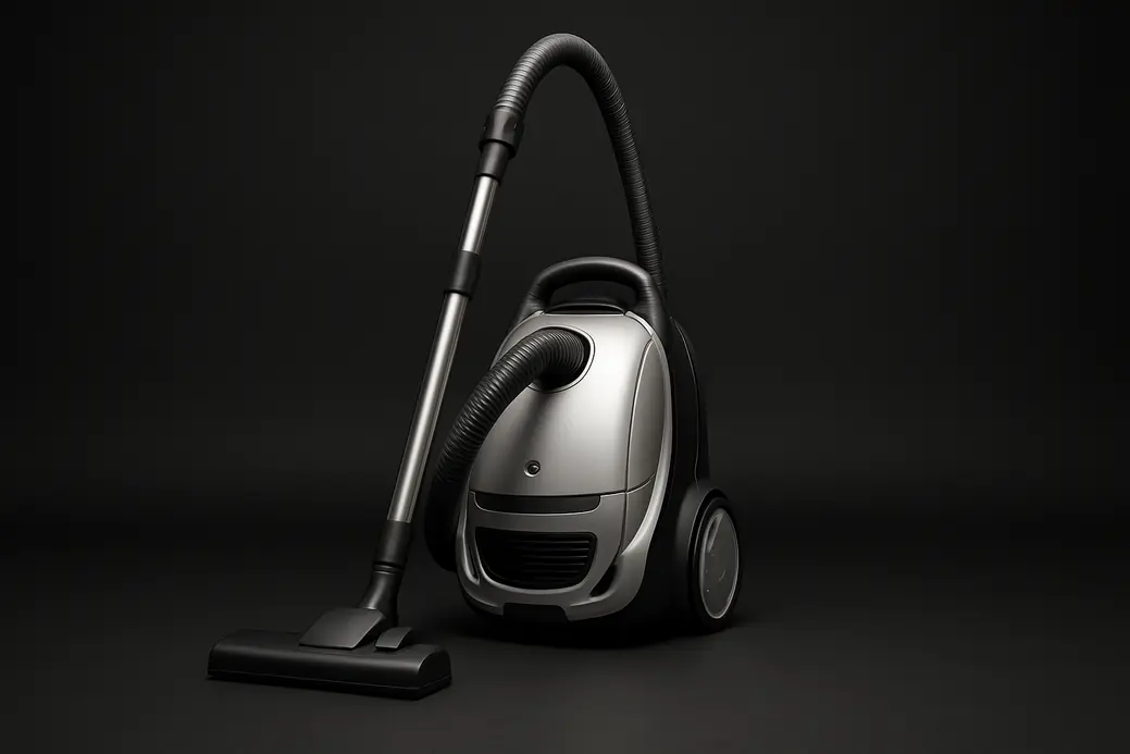 High-quality product photo of a complete vacuum cleaner centered against a solid black background with even spotlighting emphasizing its sleek and clean design.