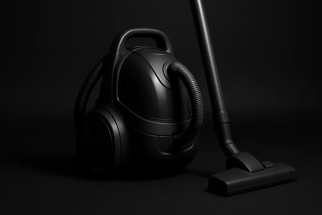 High-quality product photo of a single complete vacuum cleaner centered against a black background with spotlight lighting, showing the entire product clearly and professionally