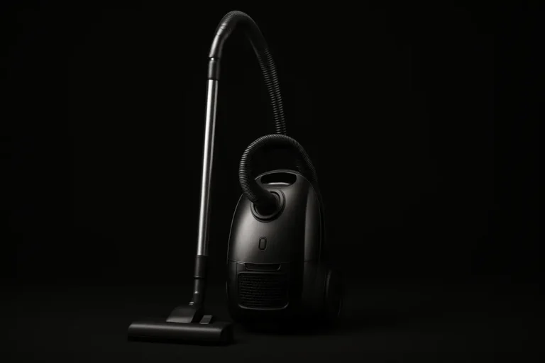 High-quality, realistic product photo of a single complete vacuum cleaner centered against a black background, evenly lit with soft lighting highlighting its clean and sleek design.