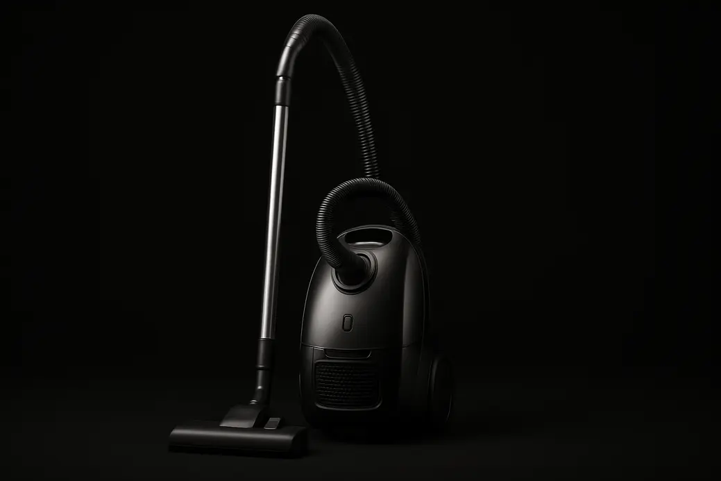 High-quality, realistic product photo of a single complete vacuum cleaner centered against a black background, evenly lit with soft lighting highlighting its clean and sleek design.