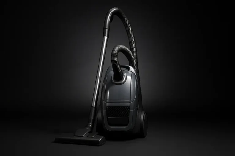 High-quality product photo of a complete vacuum cleaner centered on a black background with soft spotlight lighting and a sleek professional finish.