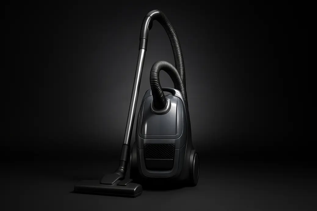 High-quality product photo of a complete vacuum cleaner centered on a black background with soft spotlight lighting and a sleek professional finish.