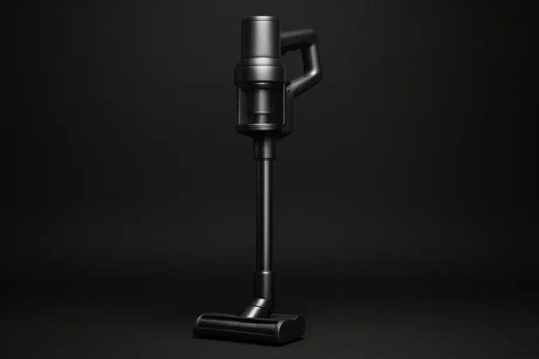 High-quality product photo of a single complete wireless vacuum cleaner centered against a black background with soft spotlight illumination highlighting the smooth surfaces and clean design.