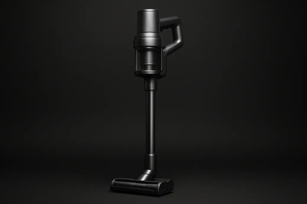 High-quality product photo of a single complete wireless vacuum cleaner centered against a black background with soft spotlight illumination highlighting the smooth surfaces and clean design.