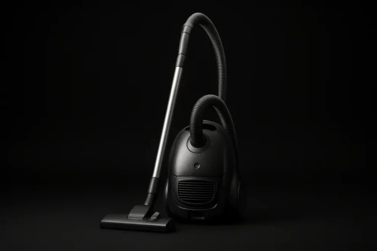 A clean, professional product photo of a single complete vacuum cleaner centered against a black background with soft, even studio lighting.