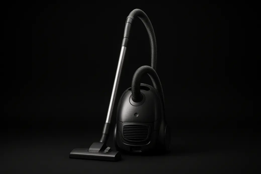 A clean, professional product photo of a single complete vacuum cleaner centered against a black background with soft, even studio lighting.