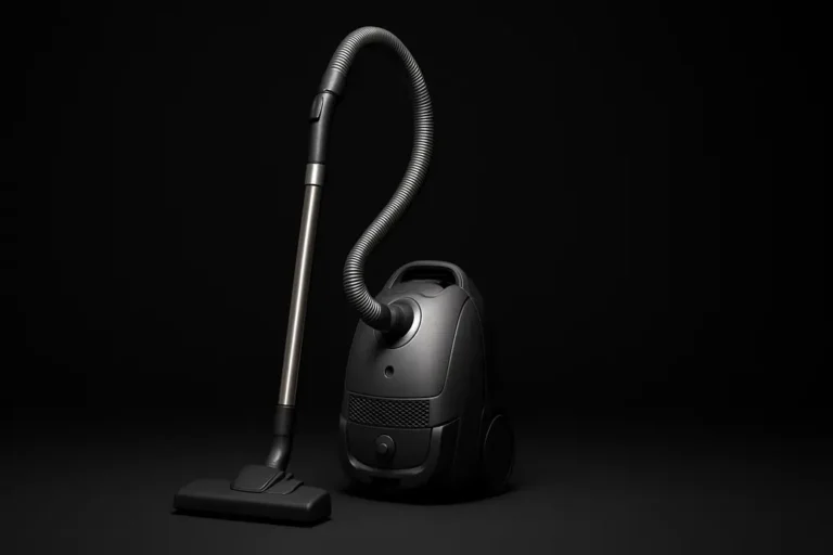 Photo of a single complete vacuum cleaner centered against a solid black background with soft, even spotlighting and no shadows or reflections, displaying a sleek and professional product presentation.