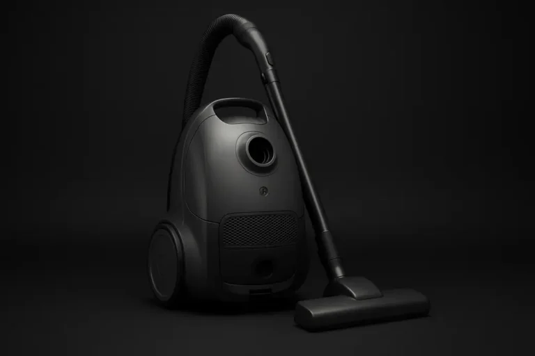 High-quality studio photo of a complete vacuum cleaner centered on a black background with soft, even lighting and spotlight effect, showing the entire device clearly without shadows or distractions.
