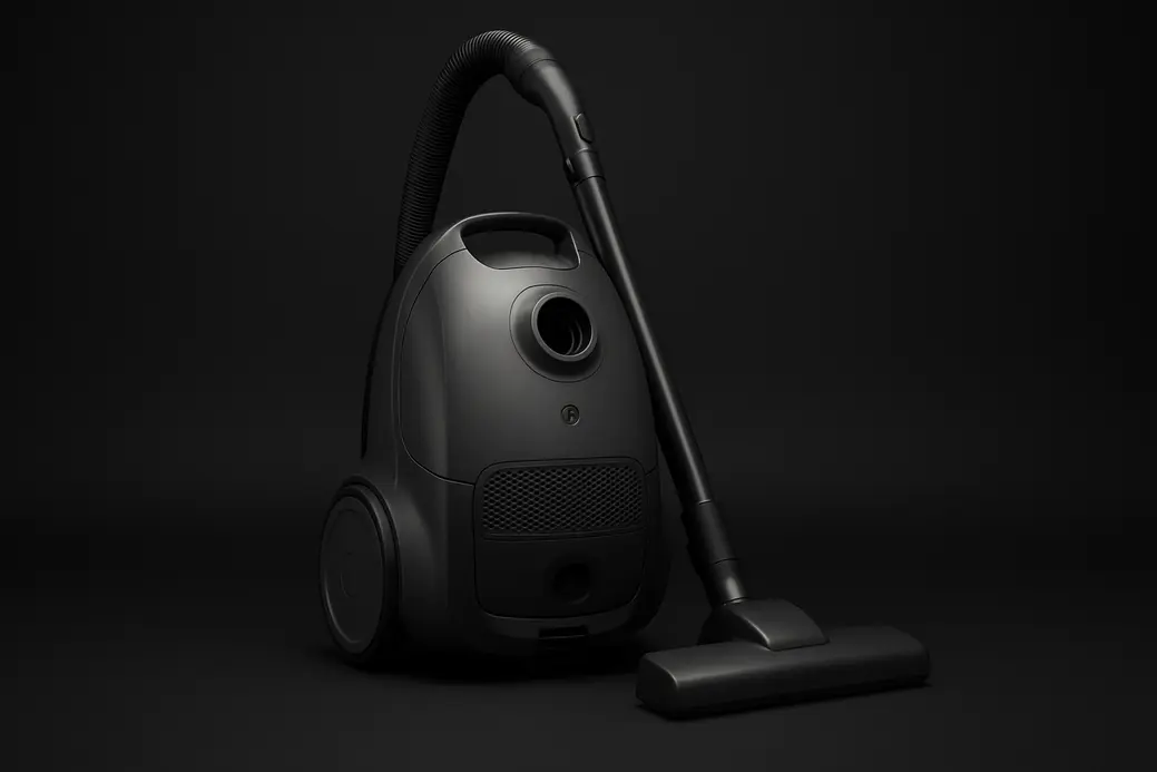 High-quality studio photo of a complete vacuum cleaner centered on a black background with soft, even lighting and spotlight effect, showing the entire device clearly without shadows or distractions.