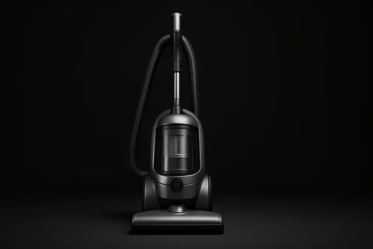 A clean, sleek vacuum cleaner centered against a solid black background, illuminated by soft, even studio spotlights highlighting details with minimal shadows.
