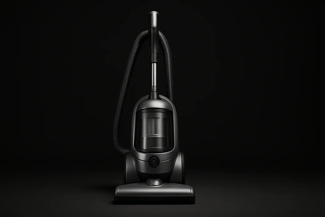 A clean, sleek vacuum cleaner centered against a solid black background, illuminated by soft, even studio spotlights highlighting details with minimal shadows.