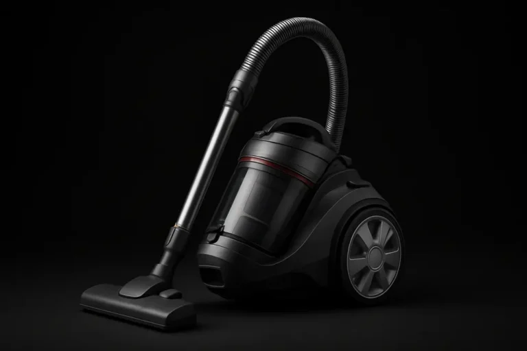 High-quality professional image of a single, complete vacuum cleaner centered on a black background with soft spotlighting and sharp detail