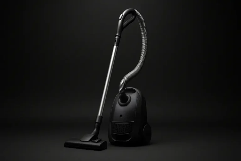 Professional high-quality product photo of a single vacuum cleaner centered against a black background with spotlight and soft even lighting, showcasing a clean and sleek commercial style