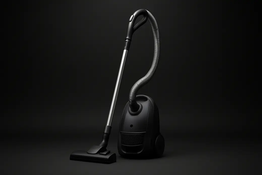 Professional high-quality product photo of a single vacuum cleaner centered against a black background with spotlight and soft even lighting, showcasing a clean and sleek commercial style