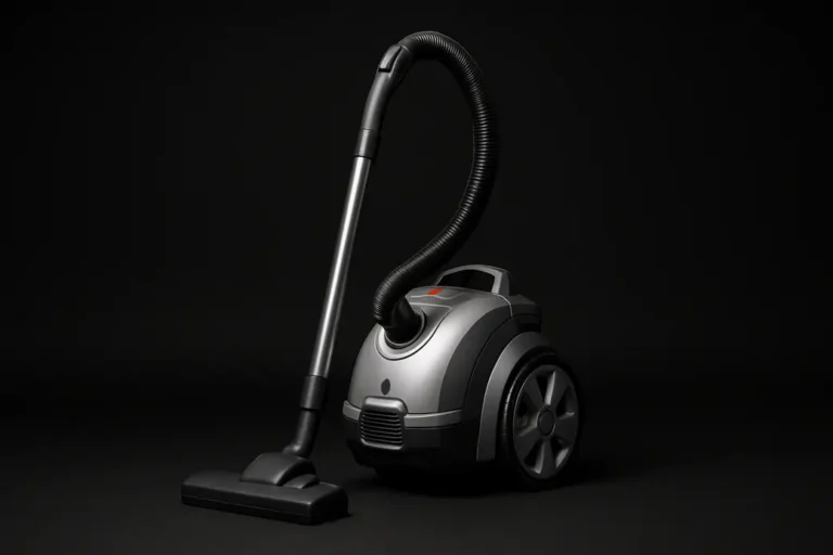 Een strakke, commerciële productfoto van een complete stofzuiger centraal geplaatst tegen een zwarte achtergrond met zachte en gelijkmatige spotverlichting in een neutrale studio-omgeving.