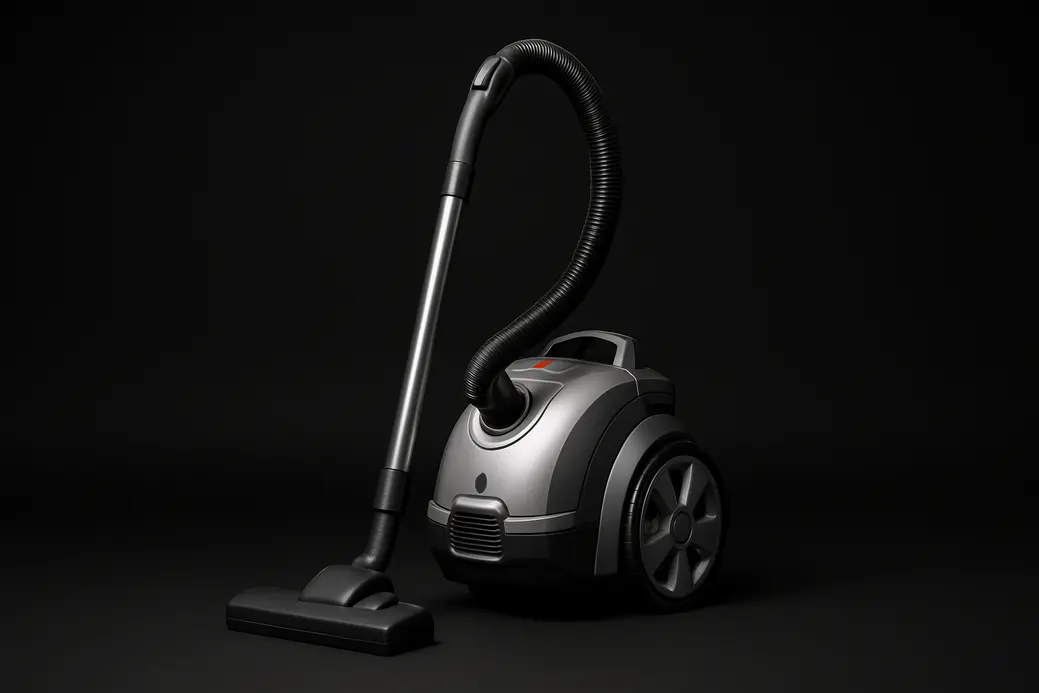 Een strakke, commerciële productfoto van een complete stofzuiger centraal geplaatst tegen een zwarte achtergrond met zachte en gelijkmatige spotverlichting in een neutrale studio-omgeving.