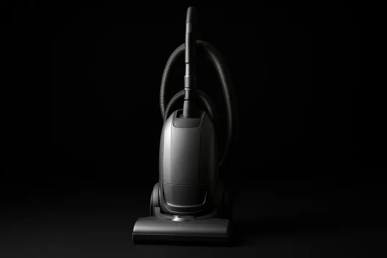 High-quality product photograph of a complete vacuum cleaner centered against a black background with soft even spotlighting, showcasing a clean and sleek design without any damage or dirt.