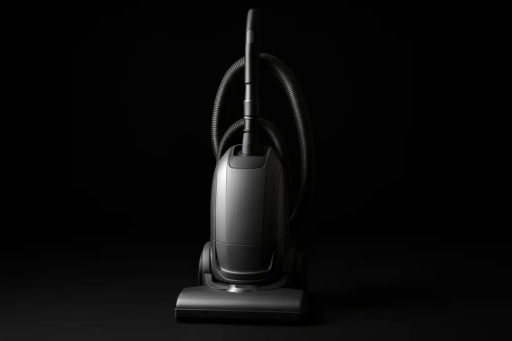 High-quality product photograph of a complete vacuum cleaner centered against a black background with soft even spotlighting, showcasing a clean and sleek design without any damage or dirt.