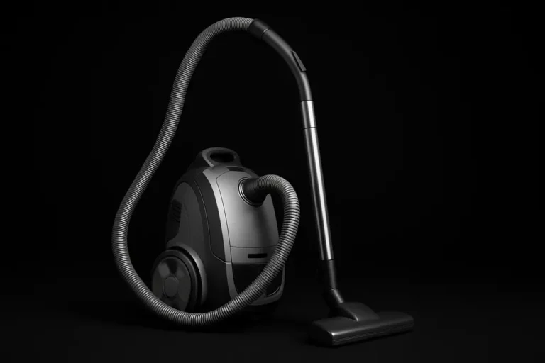 High-quality product photo of a single complete vacuum cleaner centered against a black background with soft even lighting and spotlight highlighting its sleek, clean design.