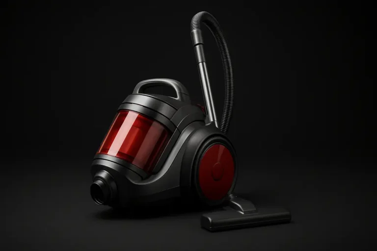 High-quality realistic product photo of a complete vacuum cleaner centered against a black background with soft, even spotlighting, clean and undamaged surface, professional studio lighting