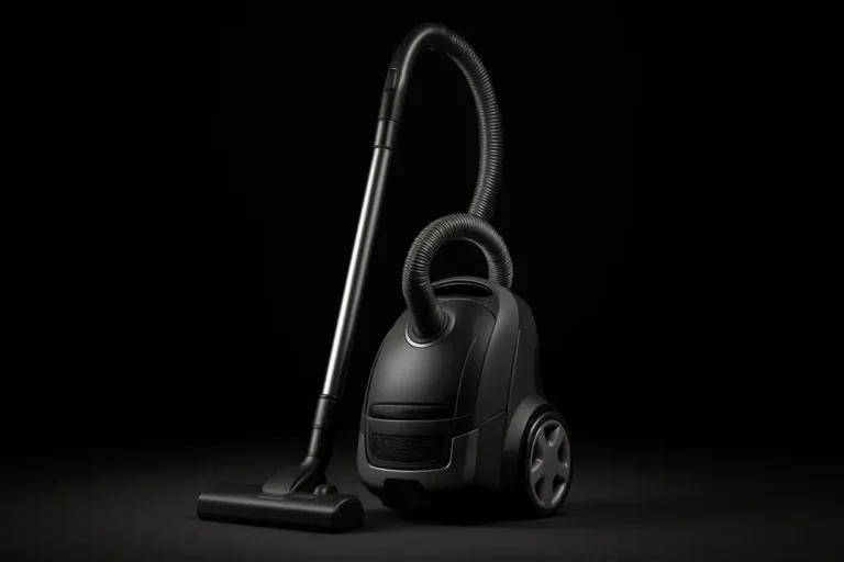 High-quality clean product photograph of a single complete vacuum cleaner centered against a black background with soft spotlight lighting.