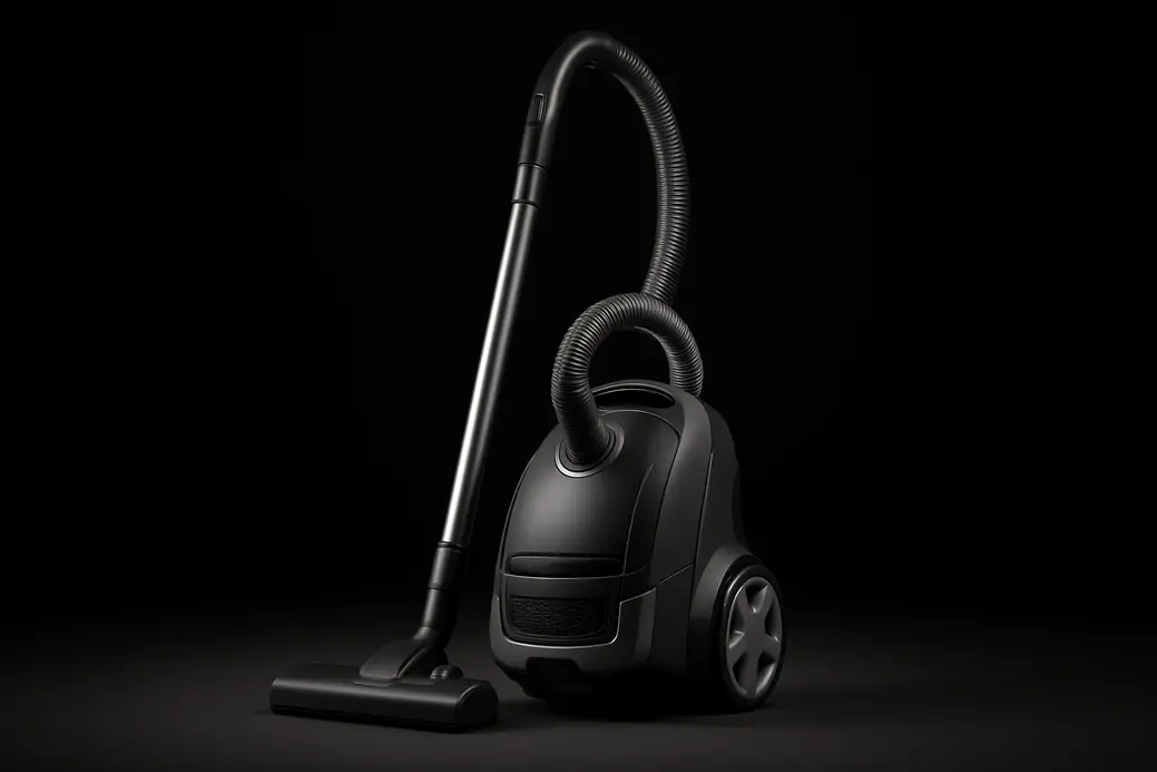 High-quality clean product photograph of a single complete vacuum cleaner centered against a black background with soft spotlight lighting.