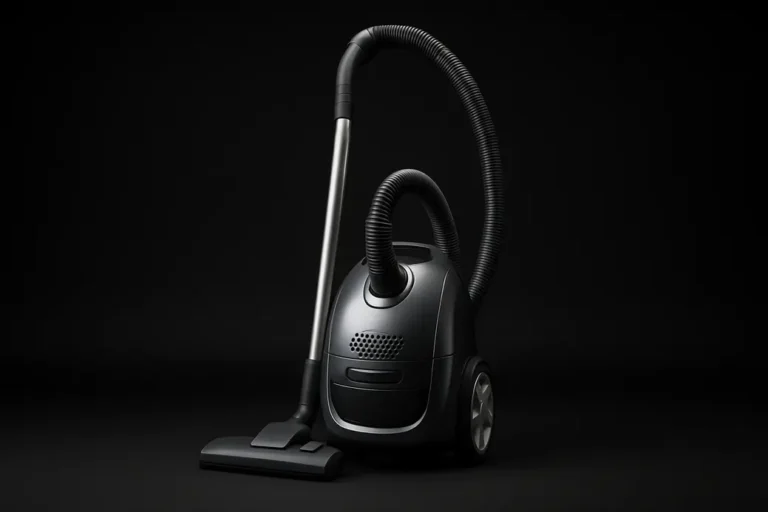 High-quality product photo of a single complete vacuum cleaner, fully visible and centered against a black background with soft even spotlight lighting emphasizing clarity and professionalism.