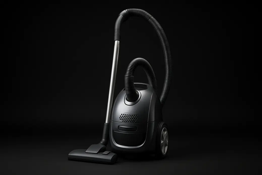 High-quality product photo of a single complete vacuum cleaner, fully visible and centered against a black background with soft even spotlight lighting emphasizing clarity and professionalism.