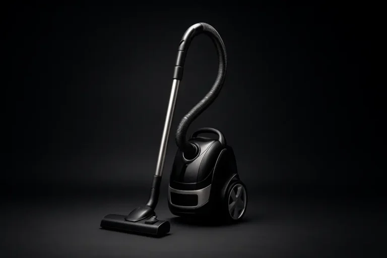 A professional studio product photo of a sleek, clean, complete vacuum cleaner centered against a black background with a spotlight effect