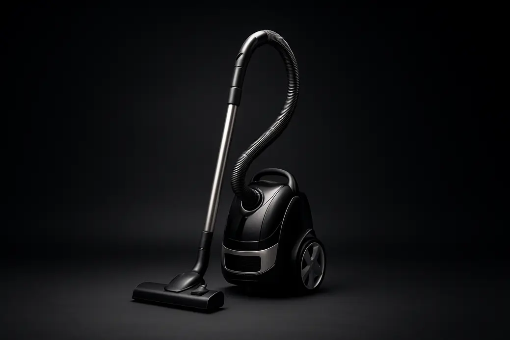 A professional studio product photo of a sleek, clean, complete vacuum cleaner centered against a black background with a spotlight effect