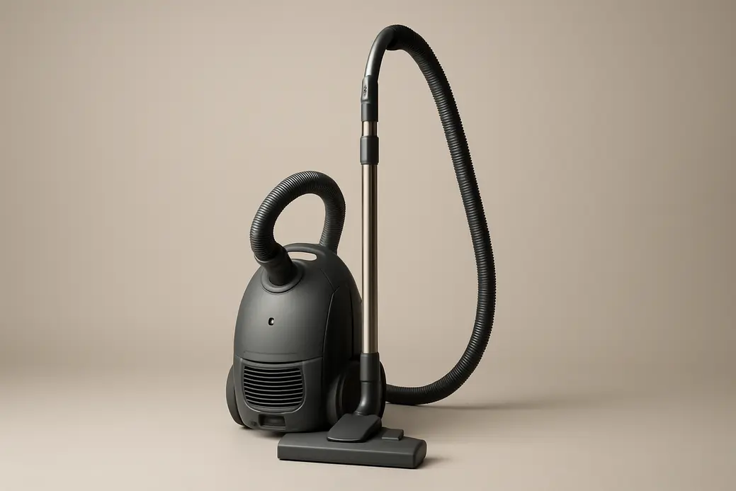 High-quality photo of a single complete vacuum cleaner in pristine condition, centrally positioned against a neutral studio background with soft, even lighting.