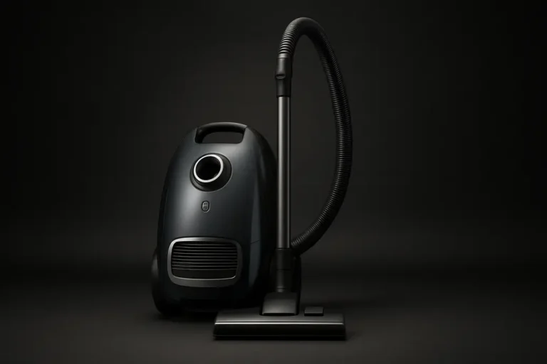 High-quality product photo of a complete sleek vacuum cleaner centered on a black background with soft spotlight and neutral studio lighting, showing sharp focus and smooth reflective surfaces