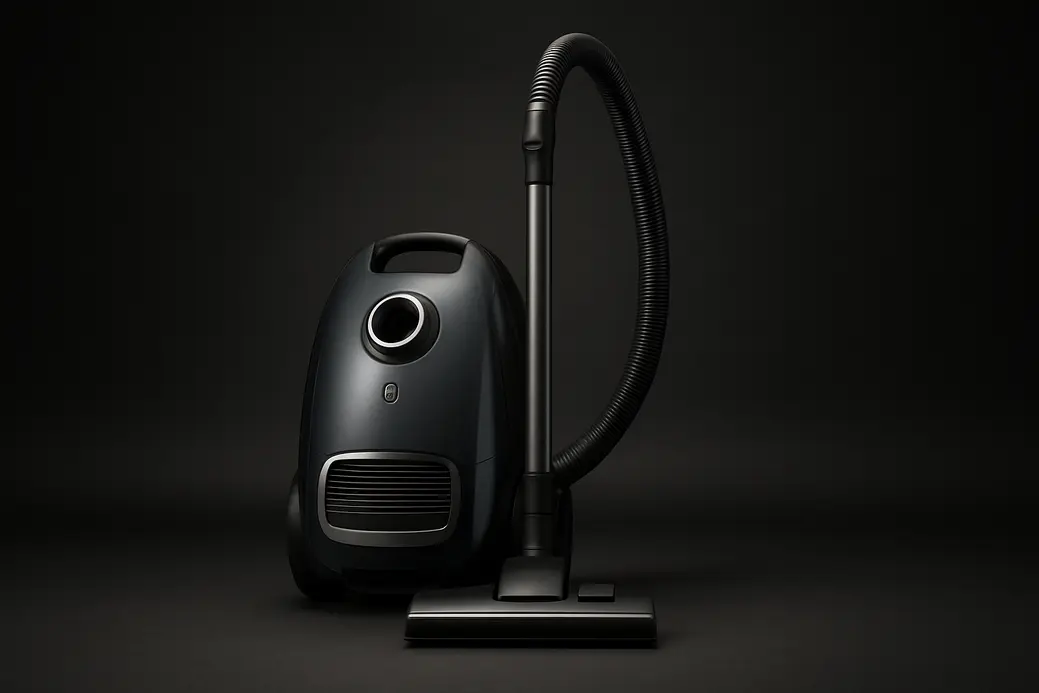 High-quality product photo of a complete sleek vacuum cleaner centered on a black background with soft spotlight and neutral studio lighting, showing sharp focus and smooth reflective surfaces