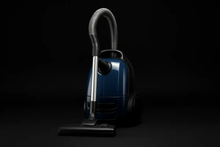 High-quality, realistic product photo of a complete vacuum cleaner centered against a black background with soft, even lighting and no shadows.
