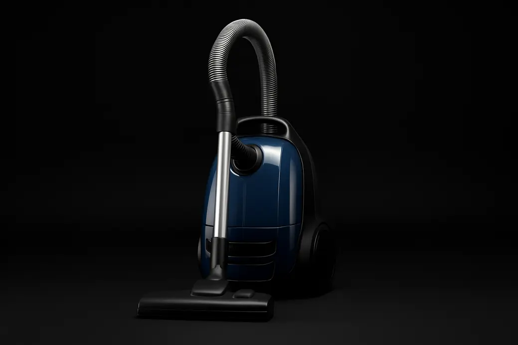 High-quality, realistic product photo of a complete vacuum cleaner centered against a black background with soft, even lighting and no shadows.
