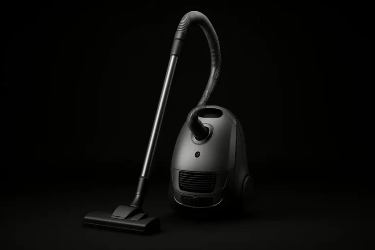 High-quality commercial product photo of a fully visible modern vacuum cleaner centered against a black background with even soft spotlighting emphasizing the device's sleek and clean design