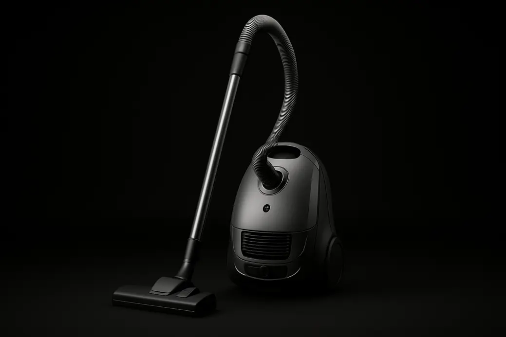 High-quality commercial product photo of a fully visible modern vacuum cleaner centered against a black background with even soft spotlighting emphasizing the device's sleek and clean design
