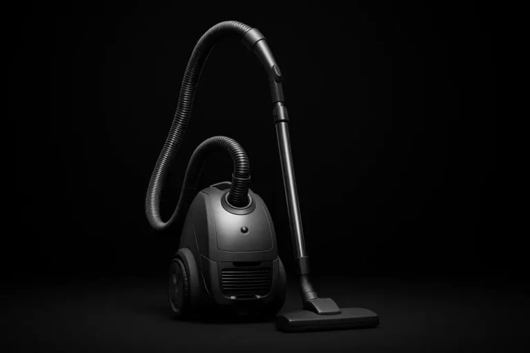 A sleek, fully visible vacuum cleaner centered against a black background, illuminated by soft, even studio lighting highlighting the product's details without shadows or distractions.