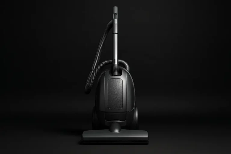 High-quality studio photo of a single vacuum cleaner centered against a solid black background with soft, even lighting highlighting its features.