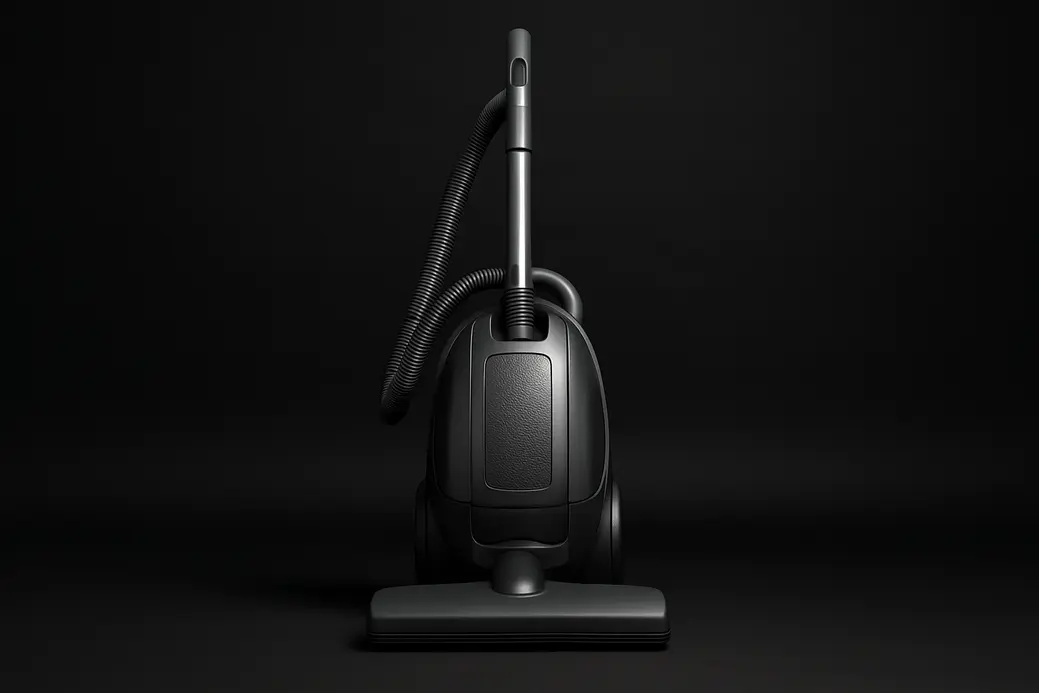 High-quality studio photo of a single vacuum cleaner centered against a solid black background with soft, even lighting highlighting its features.