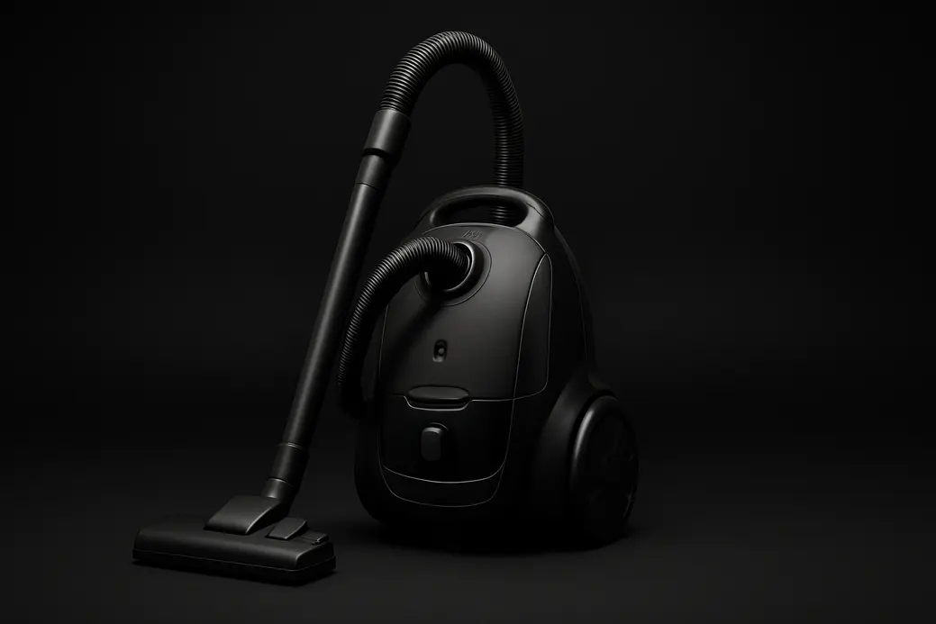 High-quality photo of a complete vacuum cleaner positioned centrally on a black background with soft, even spotlight lighting highlighting its clean, commercial design.