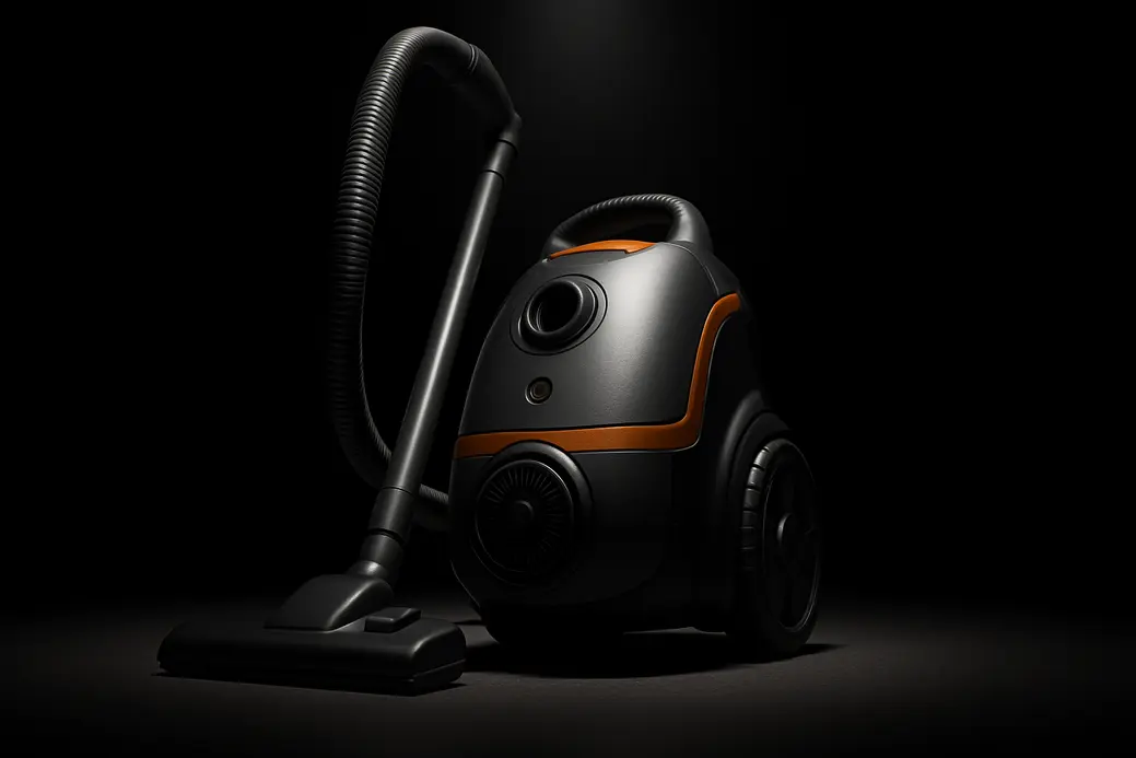 A sleek, high-quality product photo of a complete vacuum cleaner centered against a black background with soft spotlight lighting in a professional studio setting.