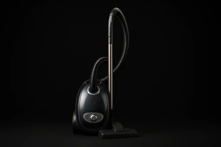 High-quality product photo of a single complete vacuum cleaner centered on a clean black background with even spotlight lighting, showing glossy plastic and metal textures without shadows