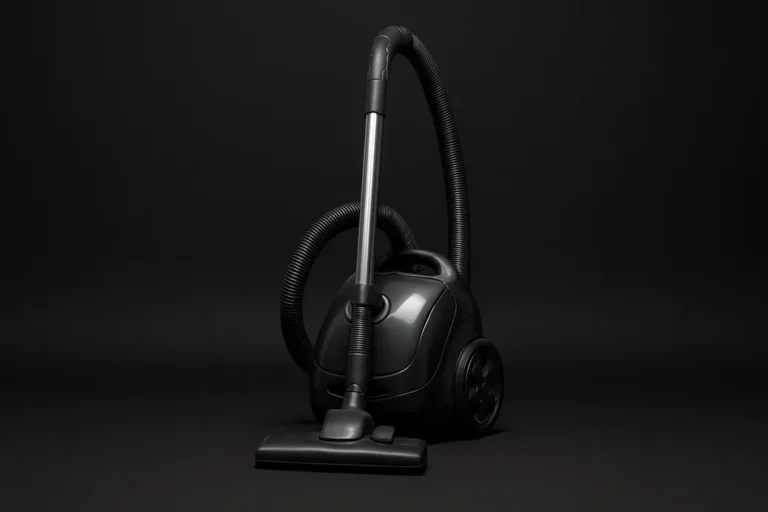 A clean and complete vacuum cleaner placed centrally on a black background, illuminated with soft, even spotlights highlighting its smooth surfaces and glossy reflections.