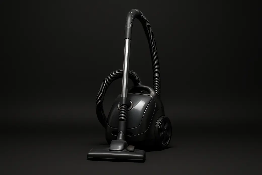 A clean and complete vacuum cleaner placed centrally on a black background, illuminated with soft, even spotlights highlighting its smooth surfaces and glossy reflections.