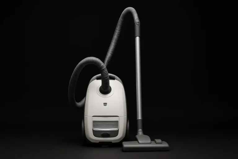 High-quality professional product photo of a complete vacuum cleaner, fully visible and centered on a black background with soft, even spotlight lighting, neutral and clean studio style