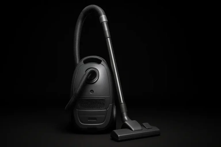 High-quality commercial product photo of a complete vacuum cleaner centered on a black background with soft spotlight illumination and neutral studio lighting, showing the product fully visible and clean.